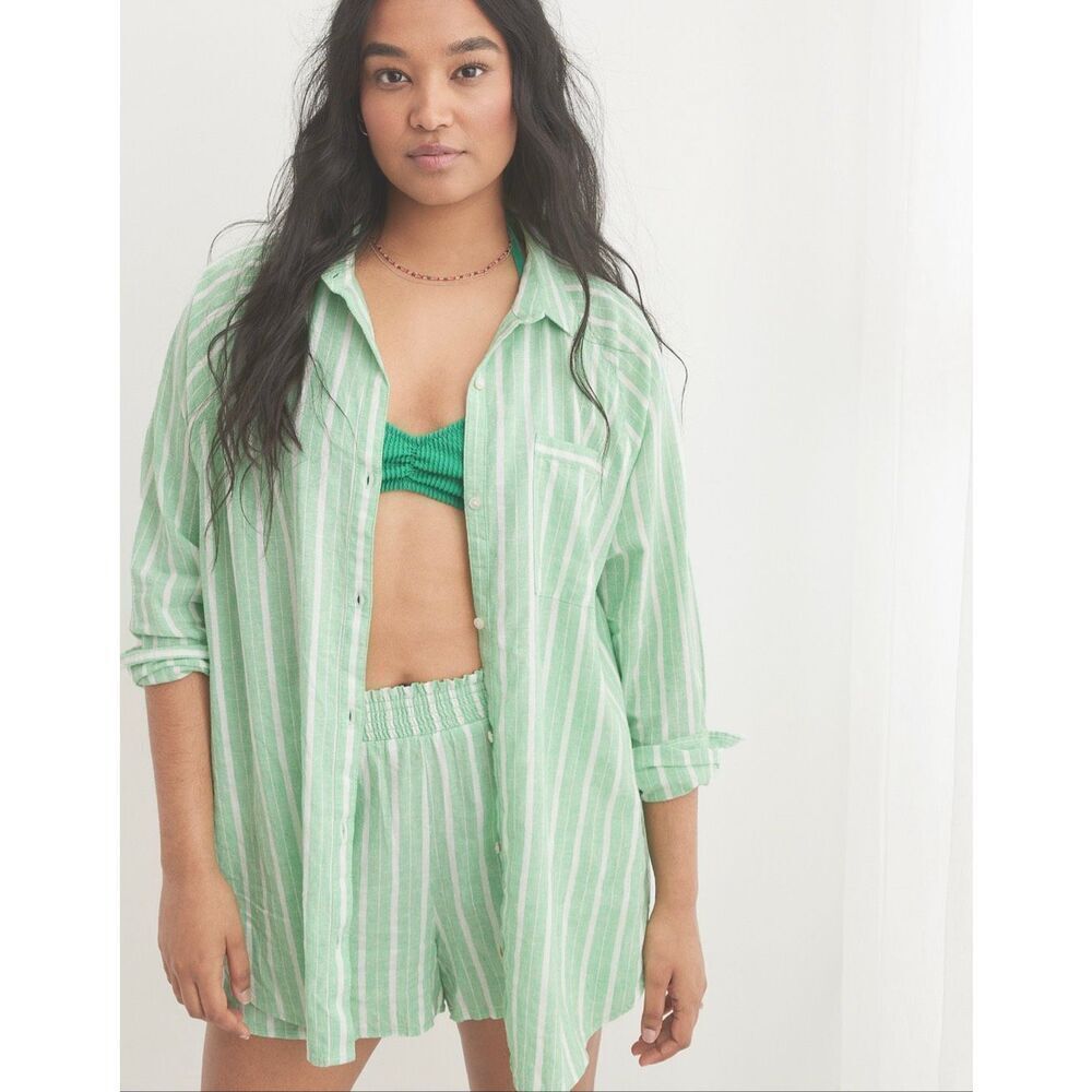 Aerie linen blend coverup shirt button down celebrity green stripes XS - Picture 3 of 13